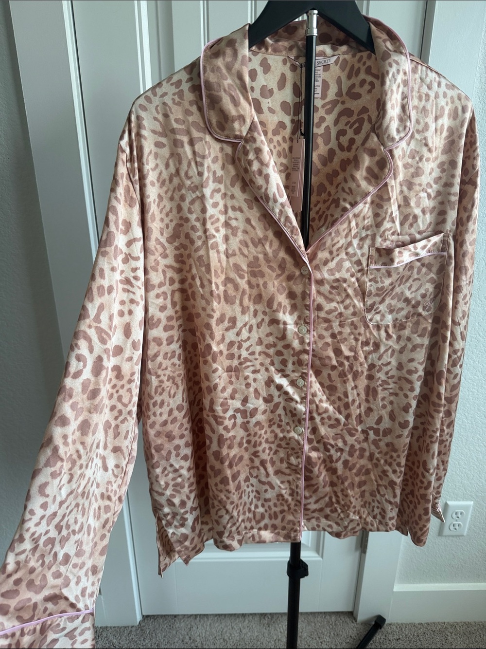 Victoria Secret Leopard Print Satin Button-Up Pajama Top & BottomsBlush Taupe
